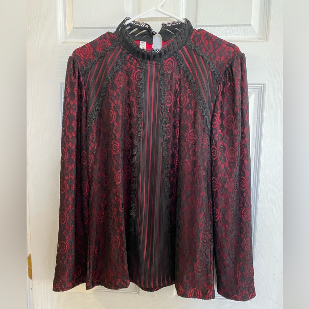 Red with black lace shirt